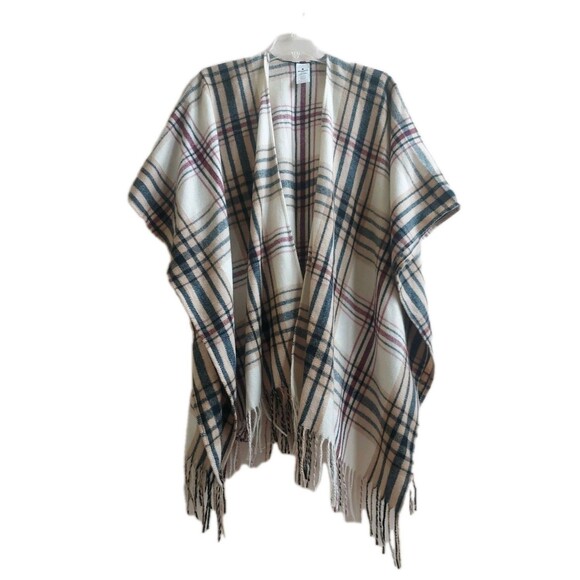 Woolrich Womens Tan Plaid Poncho Open Front Wrap Fringe Shawl Cape One Size - Picture 1 of 5